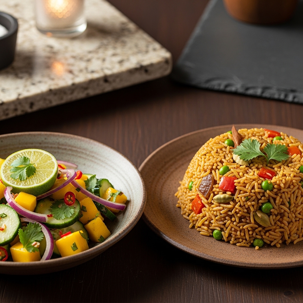 Elegant Vegan Pakistani Feast: Spiced Vegetable Pilaf & Tangy Mango-Cucumber Salad