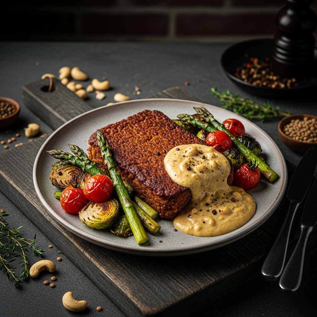 Elegant Vegan Smoky Lentil Loaf with Roasted Vegetables & Creamy Cashew Gravy