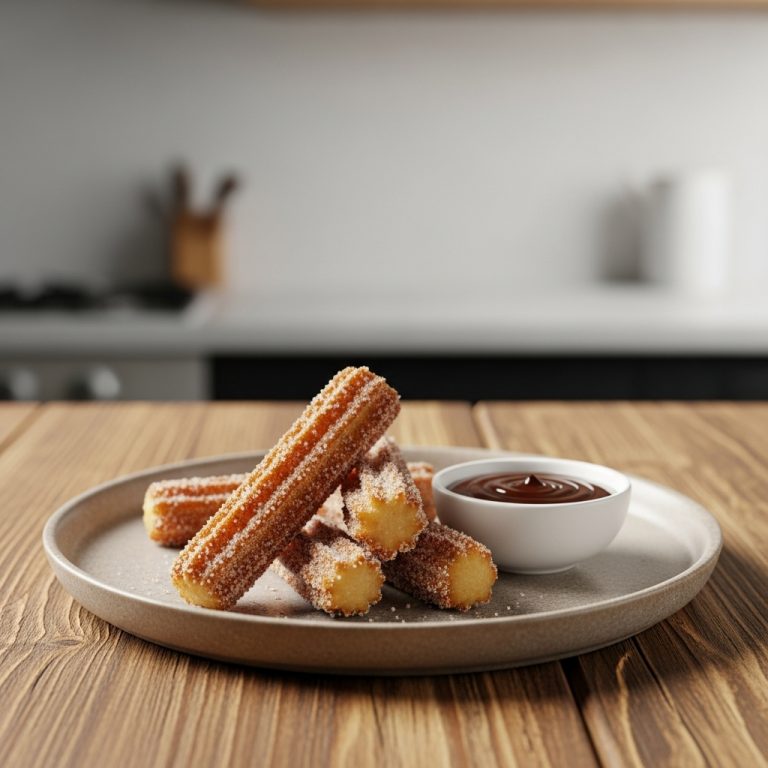 “Elegant Vegan Spanish-Style Churros with Cinnamon-Sugar Coating & Dark Chocolate Dipping Sauce”