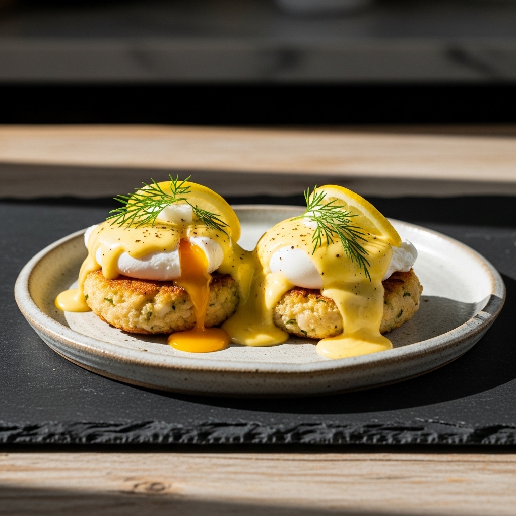 “Elevated American Brunch: Crab Cake Benedict with Lemon-Dill Hollandaise”