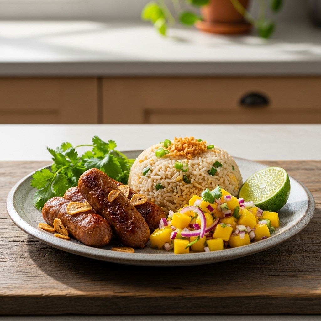 “Elevated Filipino Vegetarian Breakfast Feast: Tofu Longganisa, Garlic Fried Rice, and Mango Salsa”