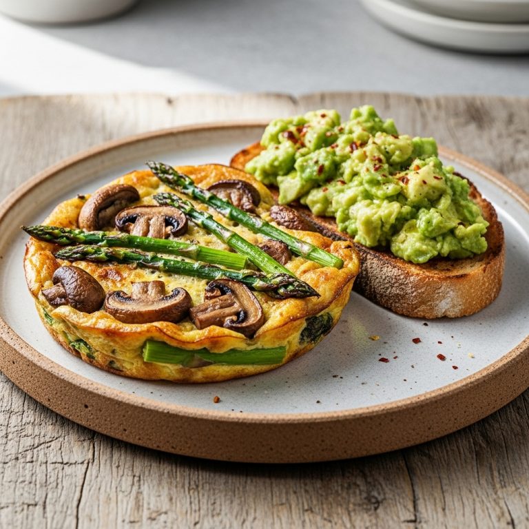 “Elevated Vegan New Zealand Breakfast: Mushroom and Asparagus Frittata with Smashed Avocado on Toast”