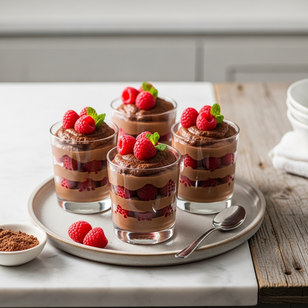 Enchanted Vegan Chocolate Mousse in Raspberry Glasses