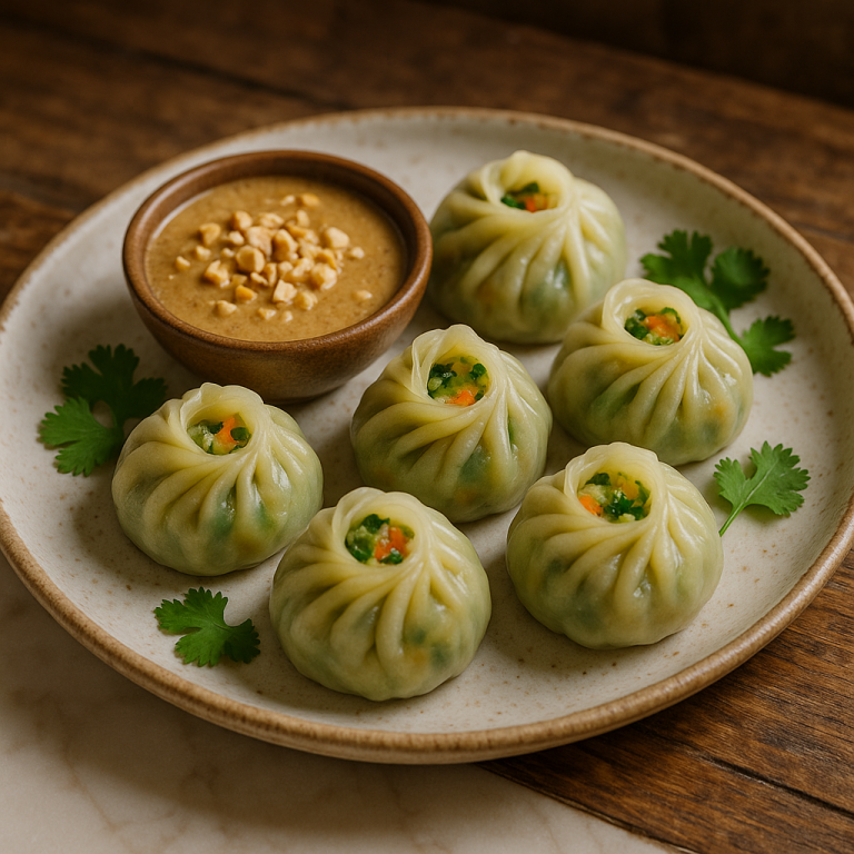 “Enchanting Cambodian Lunch – Vegan Aromatic Steamed Vegetable Dumplings with Peanut Sauce”