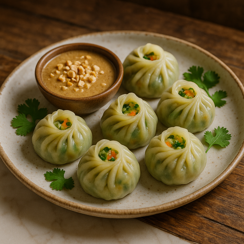 “Enchanting Cambodian Lunch – Vegan Aromatic Steamed Vegetable Dumplings with Peanut Sauce”