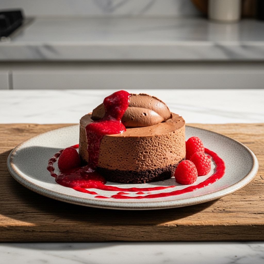 “Enchanting Chocolate Mousse Torte with Raspberry Coulis”