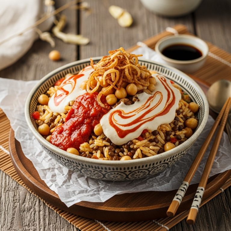 “Enchanting Egyptian Vegan Koshary with Chickpeas and Tahini Dressing”