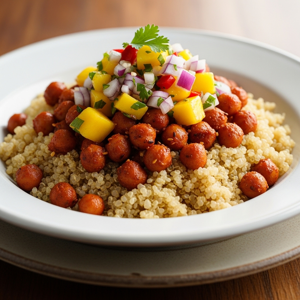 Energizing Indian Brunch Quinoa Bowl with Spicy Chickpeas and Mango Salsa