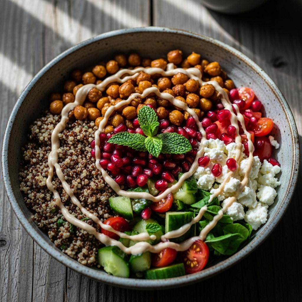 Energizing Middle Eastern Lunch Bowl with Spiced Quinoa and Tahini Dressing