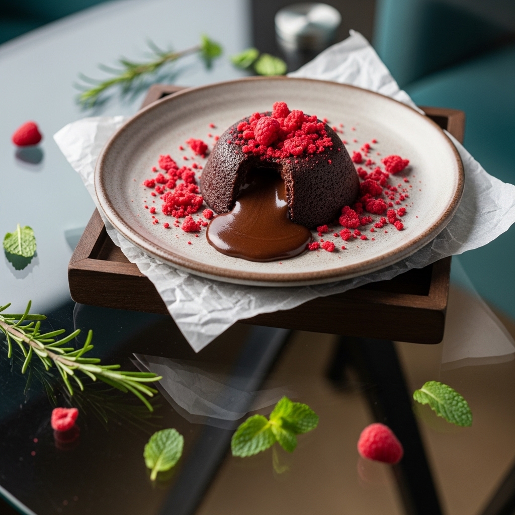 Ethereal Chocolate Fondant with Raspberry Macaron Crunch
