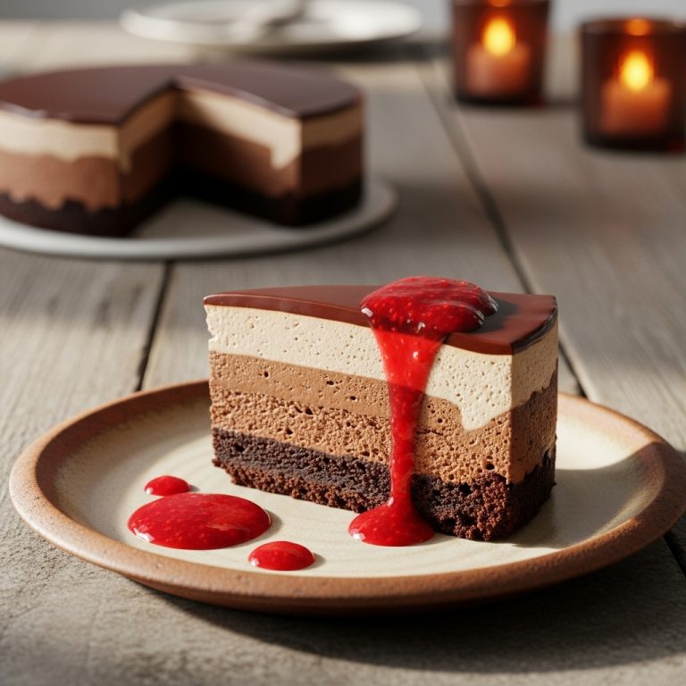 Ethereal Chocolate Mousse Torte with Raspberry Coulis