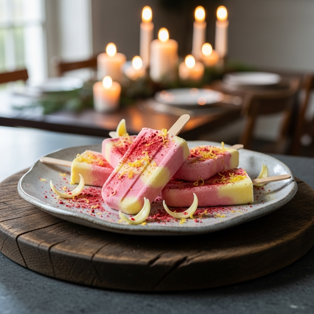 “Ethereal Strawberry-Lemon Cheesecake Popsicles”
