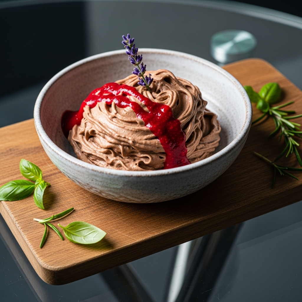 Ethereal Vegan Chocolate Mousse with Raspberry Couli and Lavender Sprig
