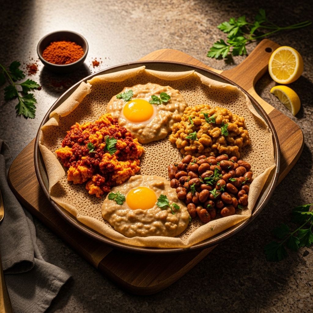 Ethiopian Breakfast Feast: Injera Pancakes with Berbere Spiced Eggs, Shiro Stew, and Ful Medames