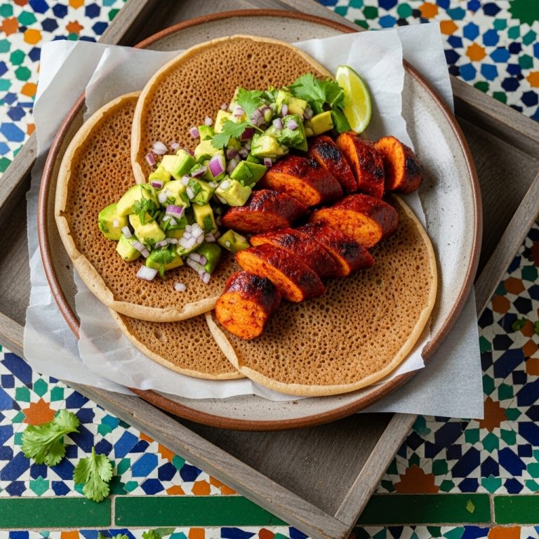 Ethiopian Brunch Delight: Gluten-Free Injera Pancakes with Berbere Chicken Sausage and Avocado Salsa