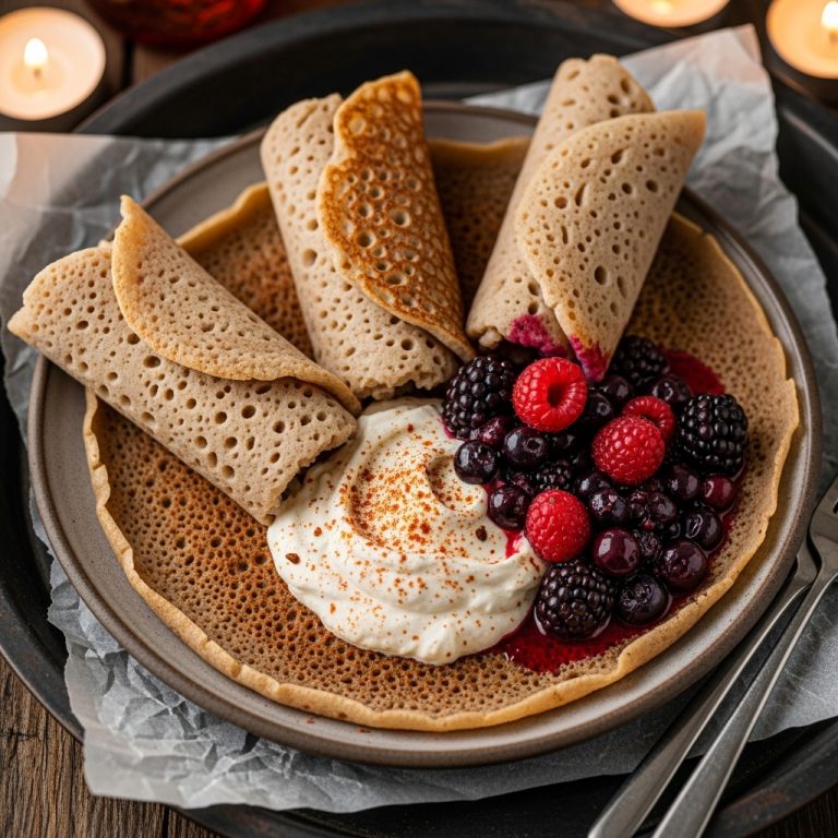 “Ethiopian Brunch Delight: Gluten-Free Injera Pancakes with Spiced Labne & Berry Compote”