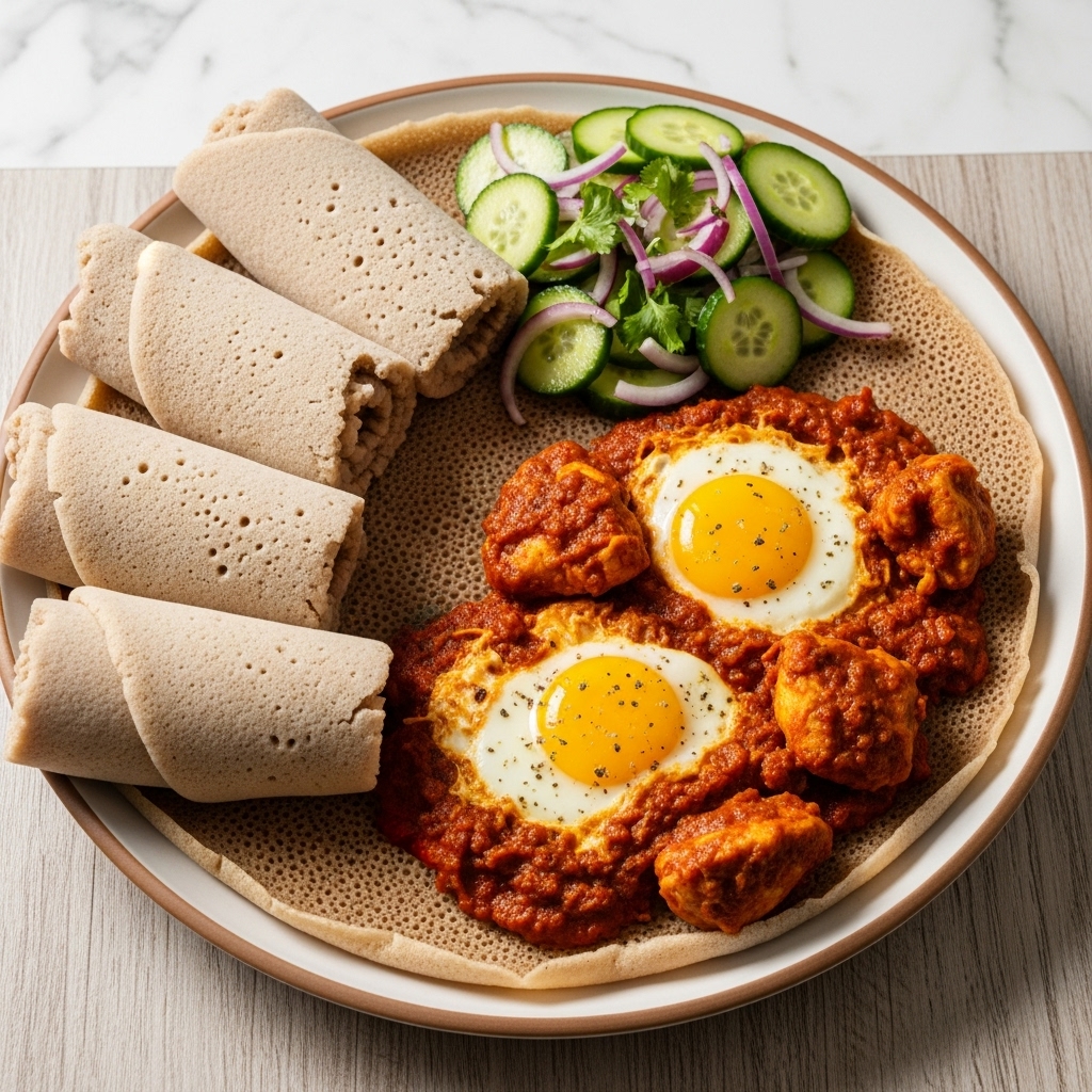 Ethiopian Brunch Feast: Injera Pancakes with Spicy Berbere Chicken, Shakshuka & Cucumber Salad (Paleo)