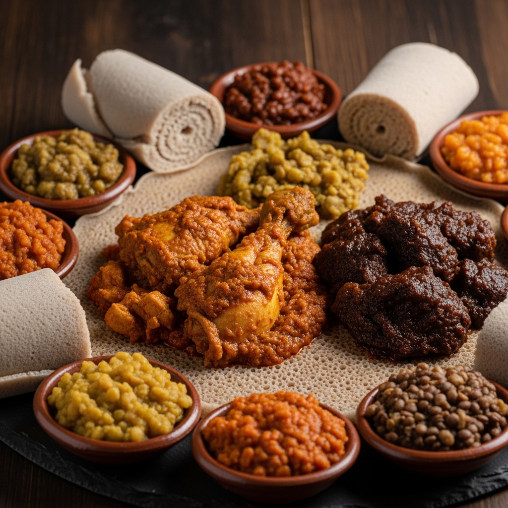 Ethiopian Dinner: Injera and Spiced Chicken Wet Beef Stew (Tikib)