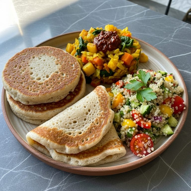 Ethiopian Gluten-Free Brunch Delight: Injera Pancakes with Vegetable Stew and Quinoa Salad