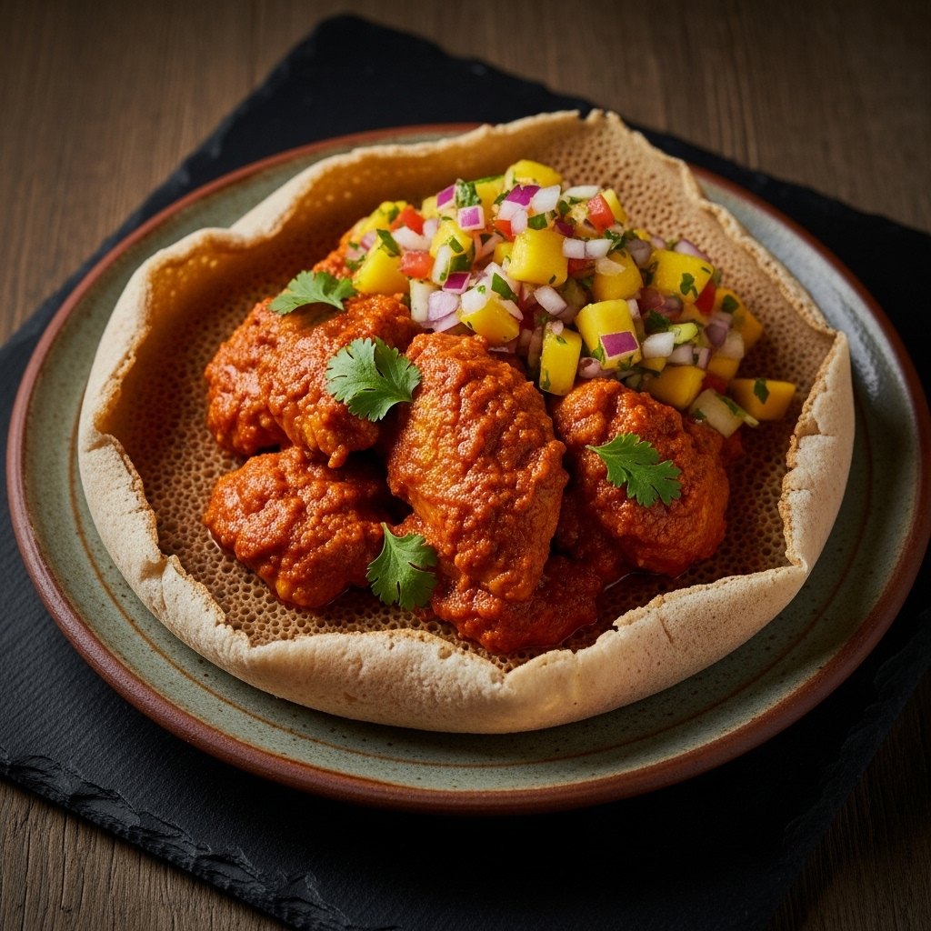 Ethiopian Injera Bowl with Spicy Berbere Chicken and Mango Salsa (Paleo)