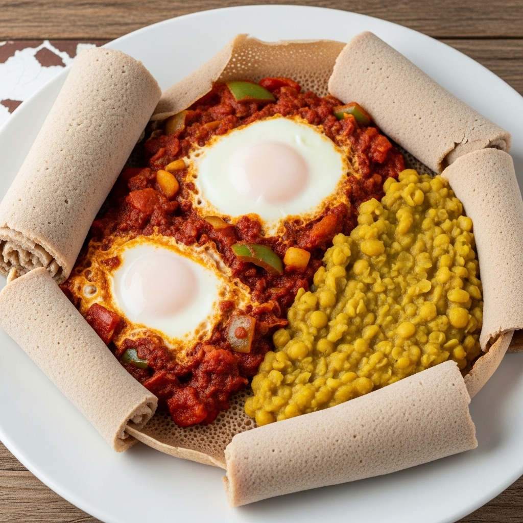 Ethiopian Injera Breakfast Bowl with Spicy Berbere Shakshuka & Tikibiyu