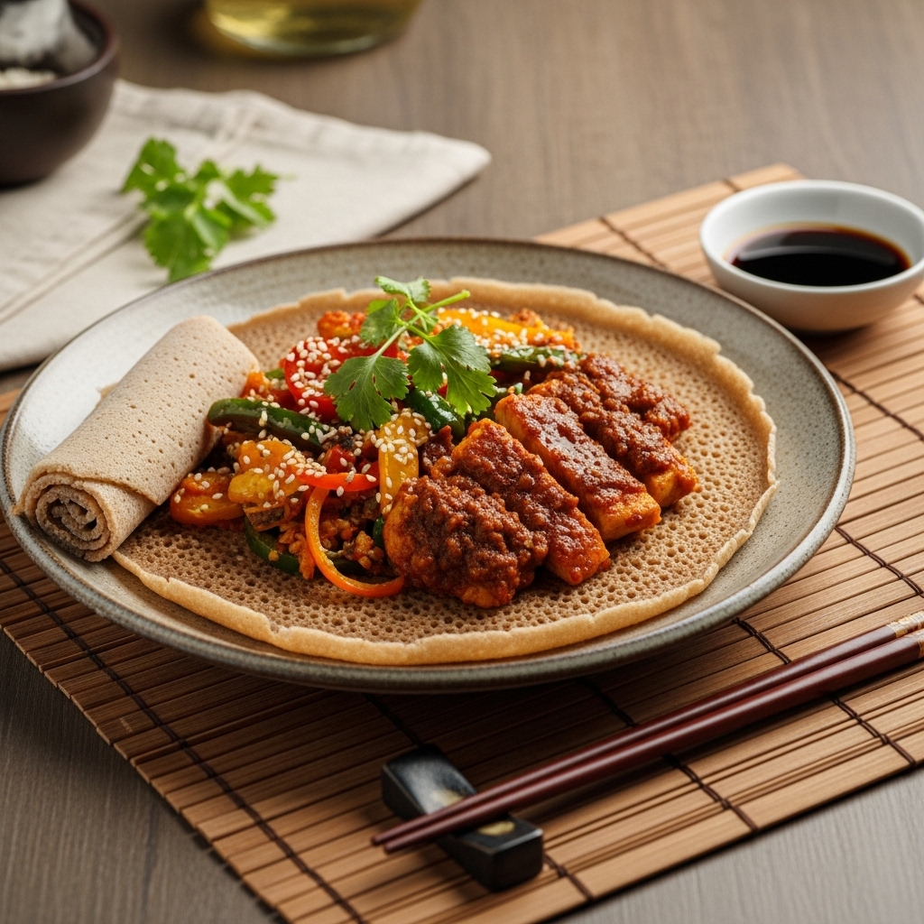 Ethiopian Injera Paleo Lunch: Gluten-Free Teff Flatbread with Spicy Berbere Chicken and Veggie Medley
