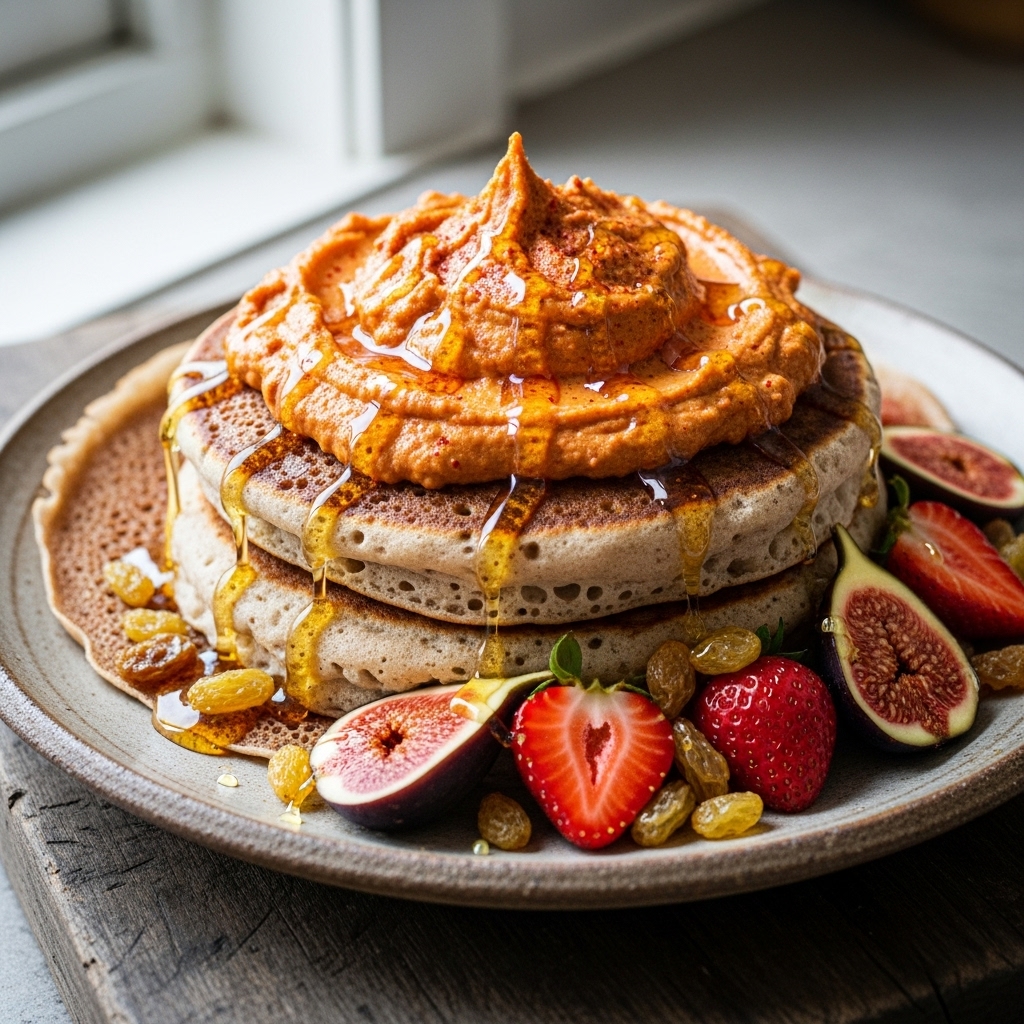 Ethiopian Injera Pancakes with Berbere-Spiced Coconut Cream and Honeyed Fruits (Paleo-Friendly)