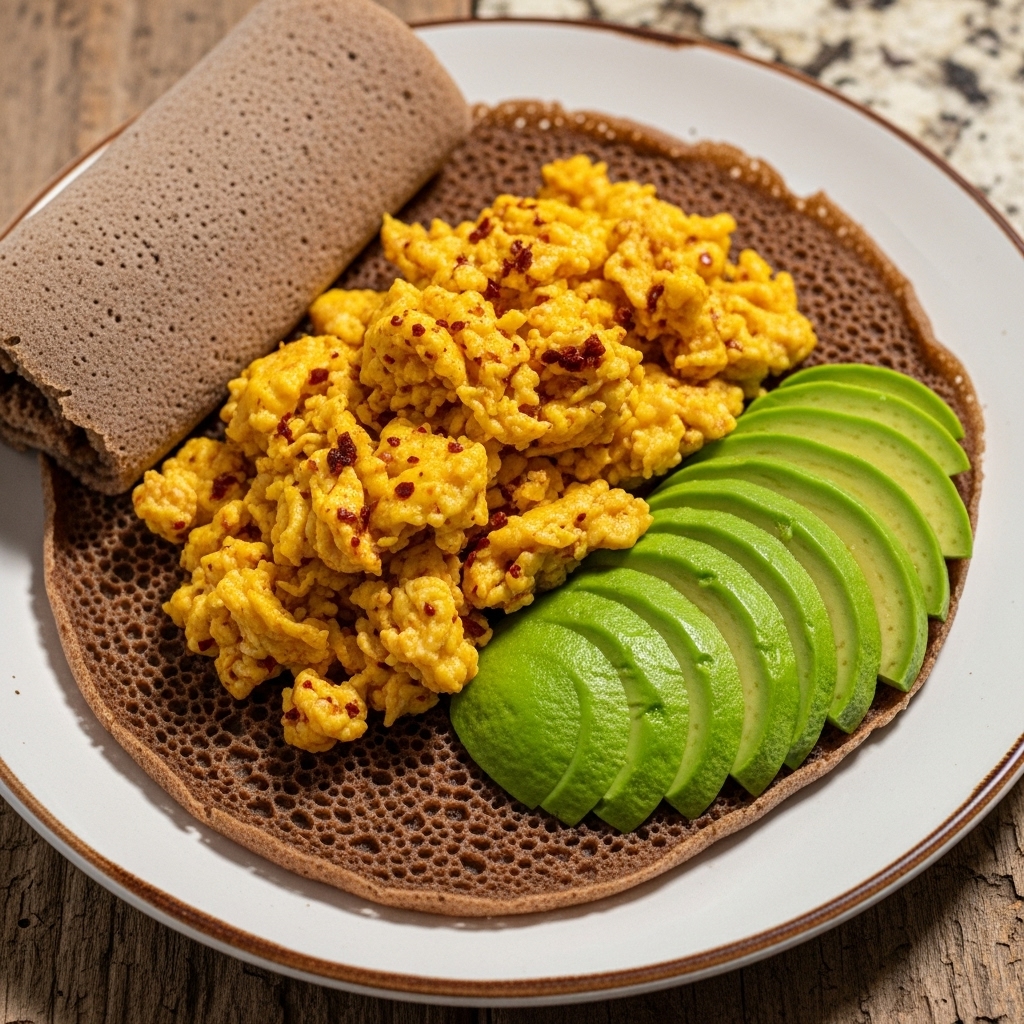 Ethiopian Keto-Friendly Brunch: Spiced Berbere Scrambled Eggs on Injera with Avocado Slices