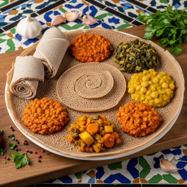 Ethiopian Vegan Breakfast Feast: Injera Pancakes & Tasty Vegetable Stew (Gluten-Free Option)