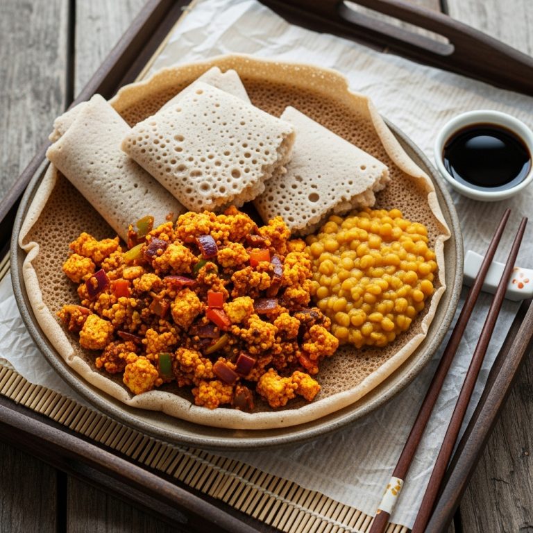 Ethiopian Vegan Brunch Delight: Injera Pancakes with Spicy Berbere Tofu Scramble and Kik Alicha