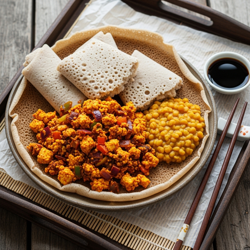 Ethiopian Vegan Brunch Delight: Injera Pancakes with Spicy Berbere Tofu Scramble and Kik Alicha
