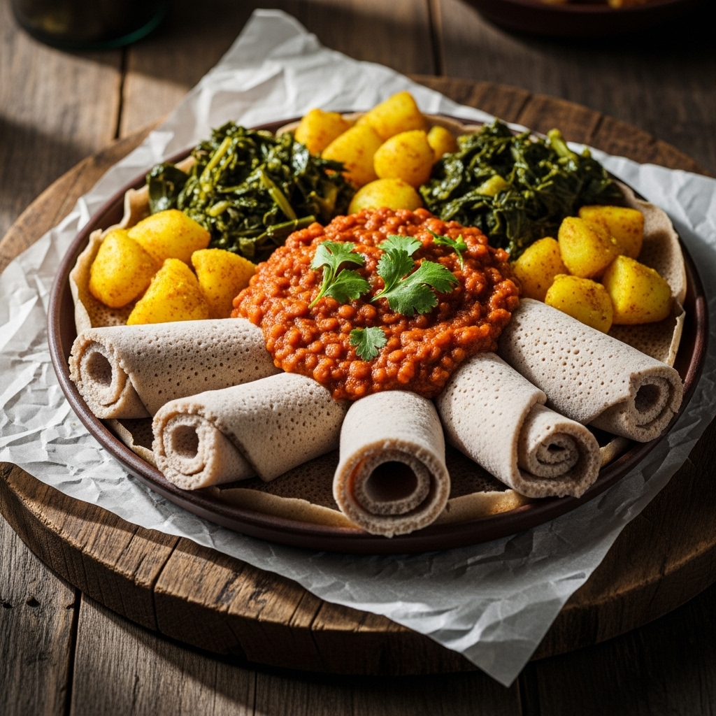Ethiopian Vegan Brunch Delight: Spiced Lentil Stew & Injera Pancakes