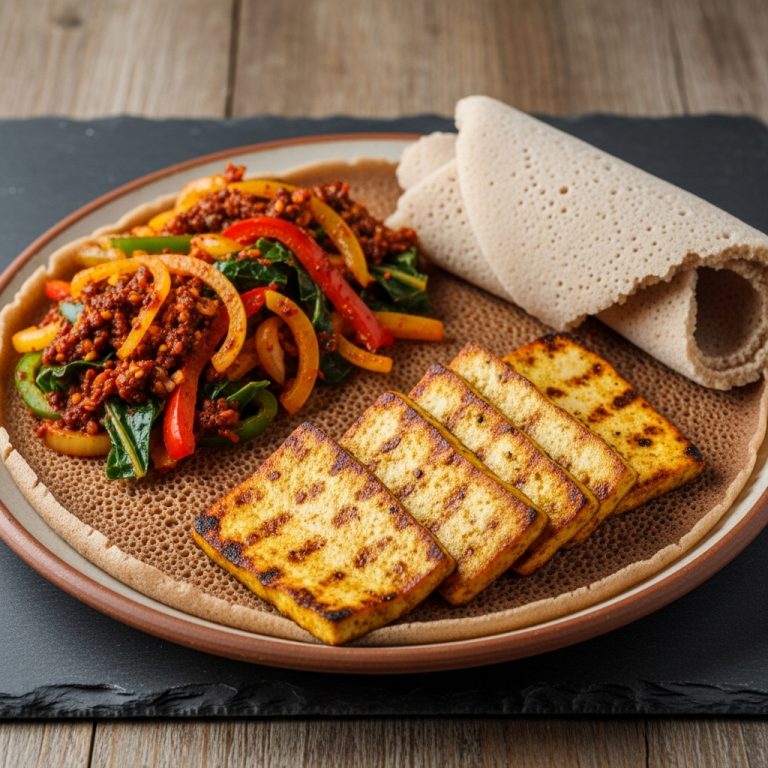 Ethiopian Vegan Lunch: Miso-Marinated Tofu with Berbere Spice-Infused Vegetables and Injera