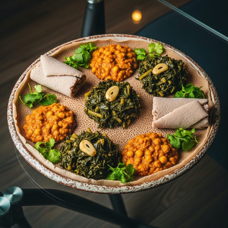 Ethiopian Vegetarian Breakfast Feast: Injera, Shiro, and Gomen