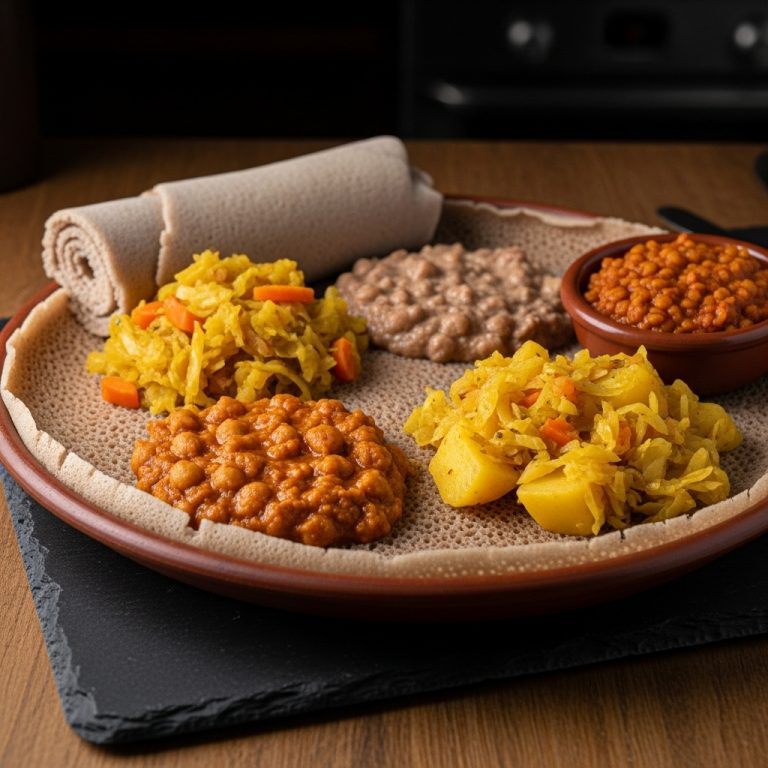 Ethiopian Vegetarian Brunch Feast: Injera with Shiro and Atakilt Wot (Gluten-Free)