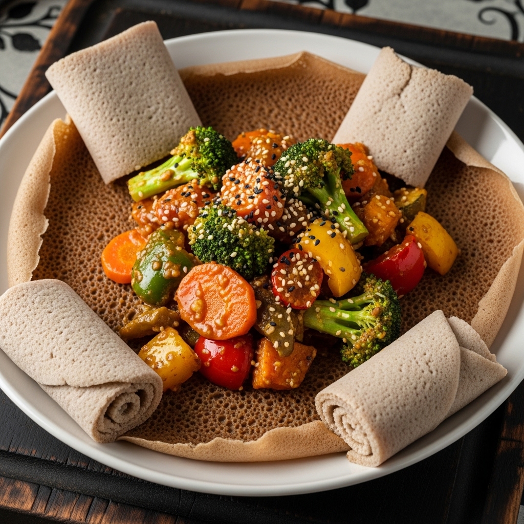 Ethiopian Vegetarian Lunch: Aromatic Injera and Miso Veggie Stew – A Flavorful Fusion