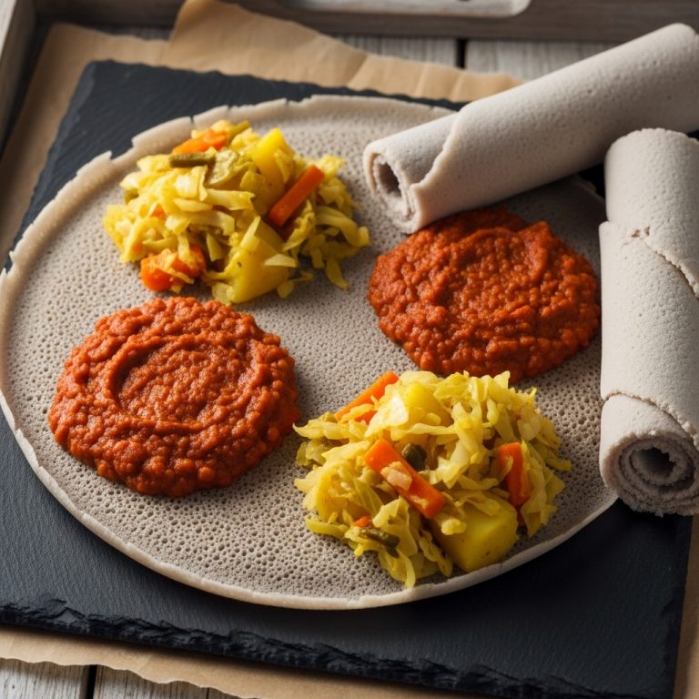 Ethiopian Vegetarian Lunch: Spicy Berbere Lentils with Injera and Atakilt Wat