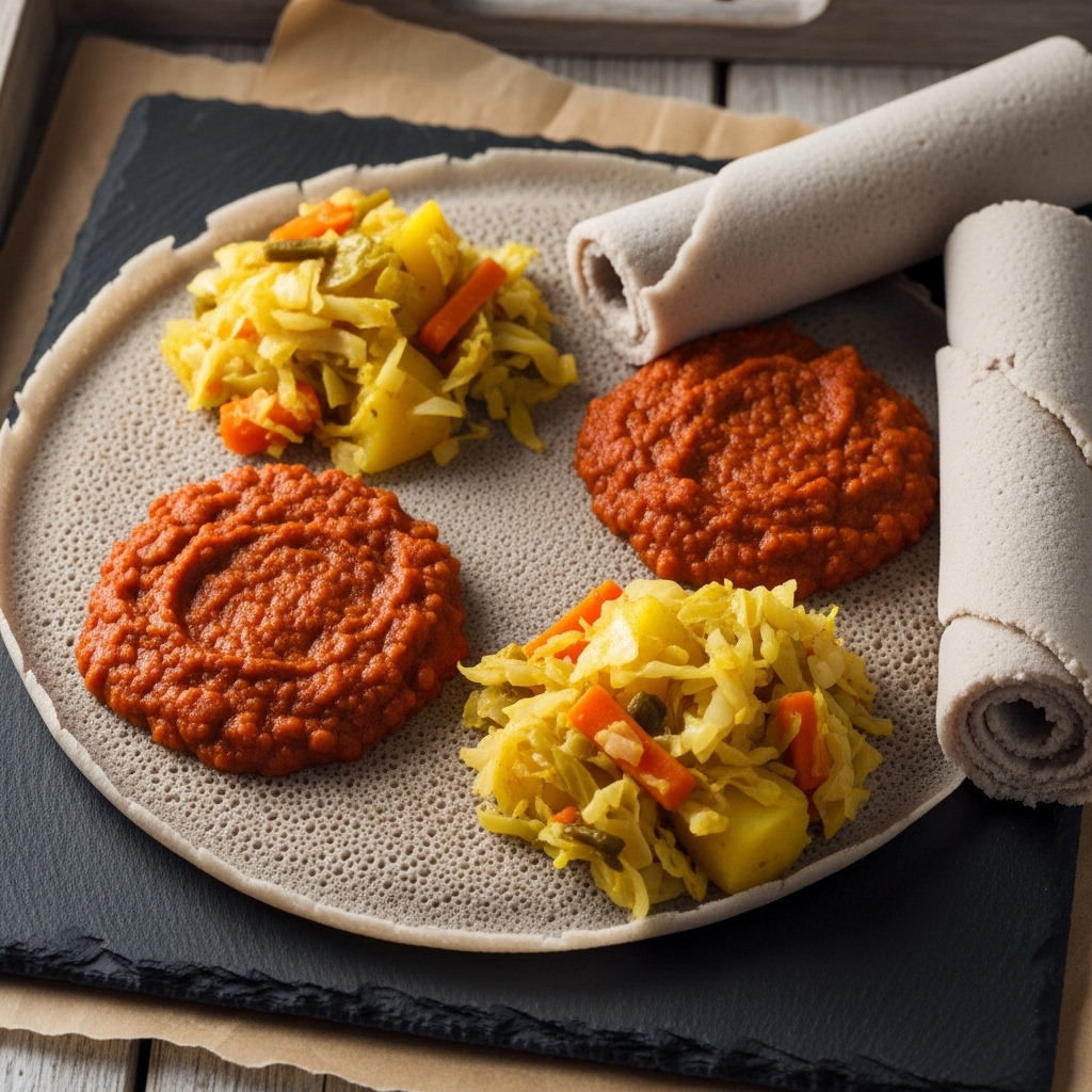 Ethiopian Vegetarian Lunch: Spicy Berbere Lentils with Injera and Atakilt Wat