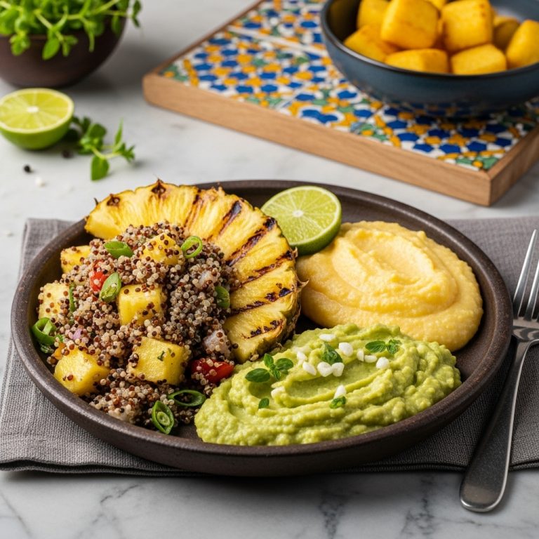 Exotic Brazilian Vegetarian Feast: Grilled Pineapple & Quinoa Salad with Creamy Polenta & Lime-Garlic Mashed Avocado