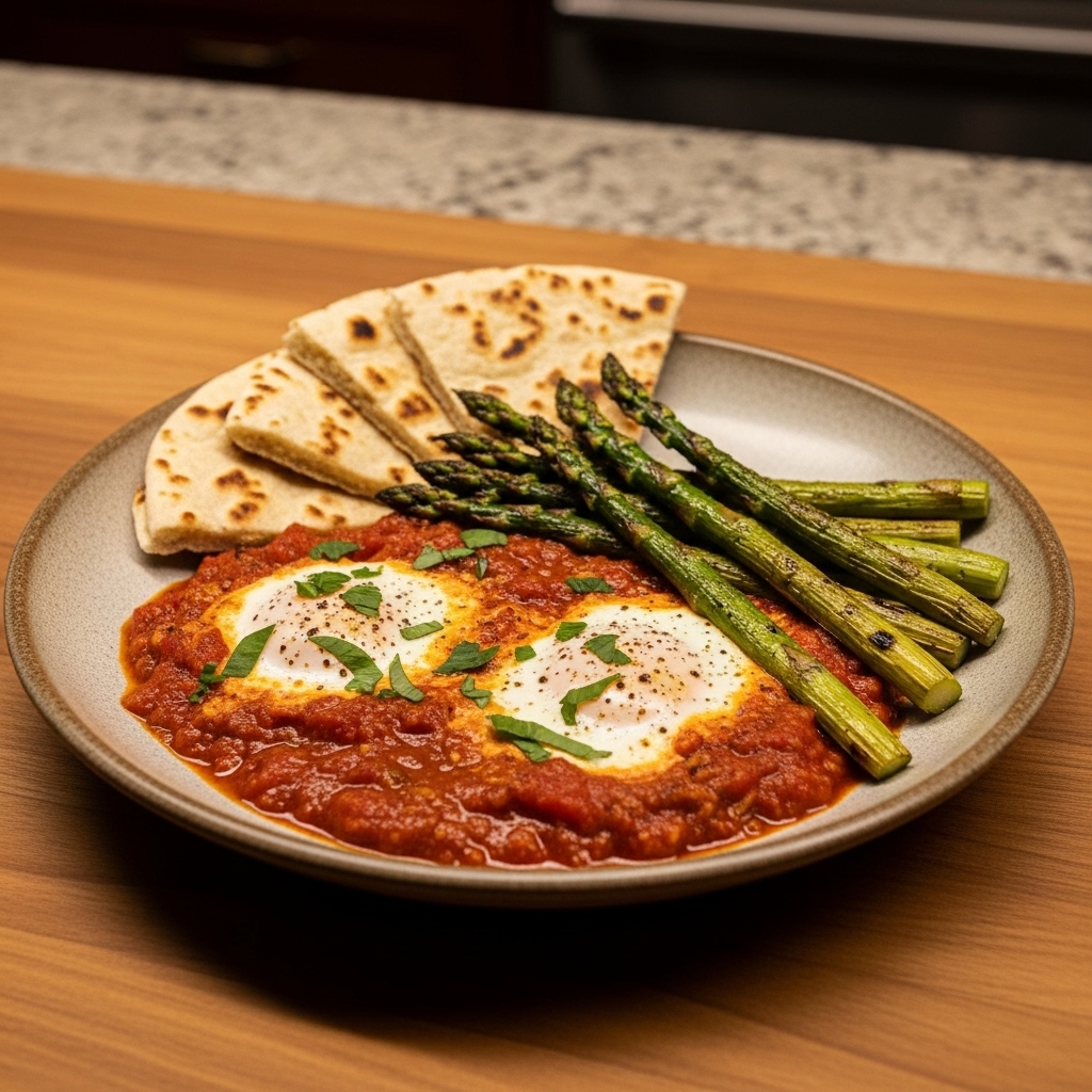 Exotic Indian Paleo Brunch: Creamy Spiced Shakshuka with Roasted Asparagus and Almond Flour Roti
