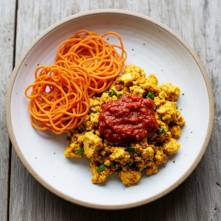 Exotic Indonesian Brunch: Tofu Tempeh Scramble with Sambal and Crispy Sweet Potato Nests