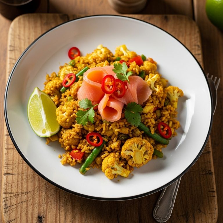 “Exotic Malaysian Keto Brunch: Laksa-Inspired Cauliflower Fried Rice with Smoked Salmon”