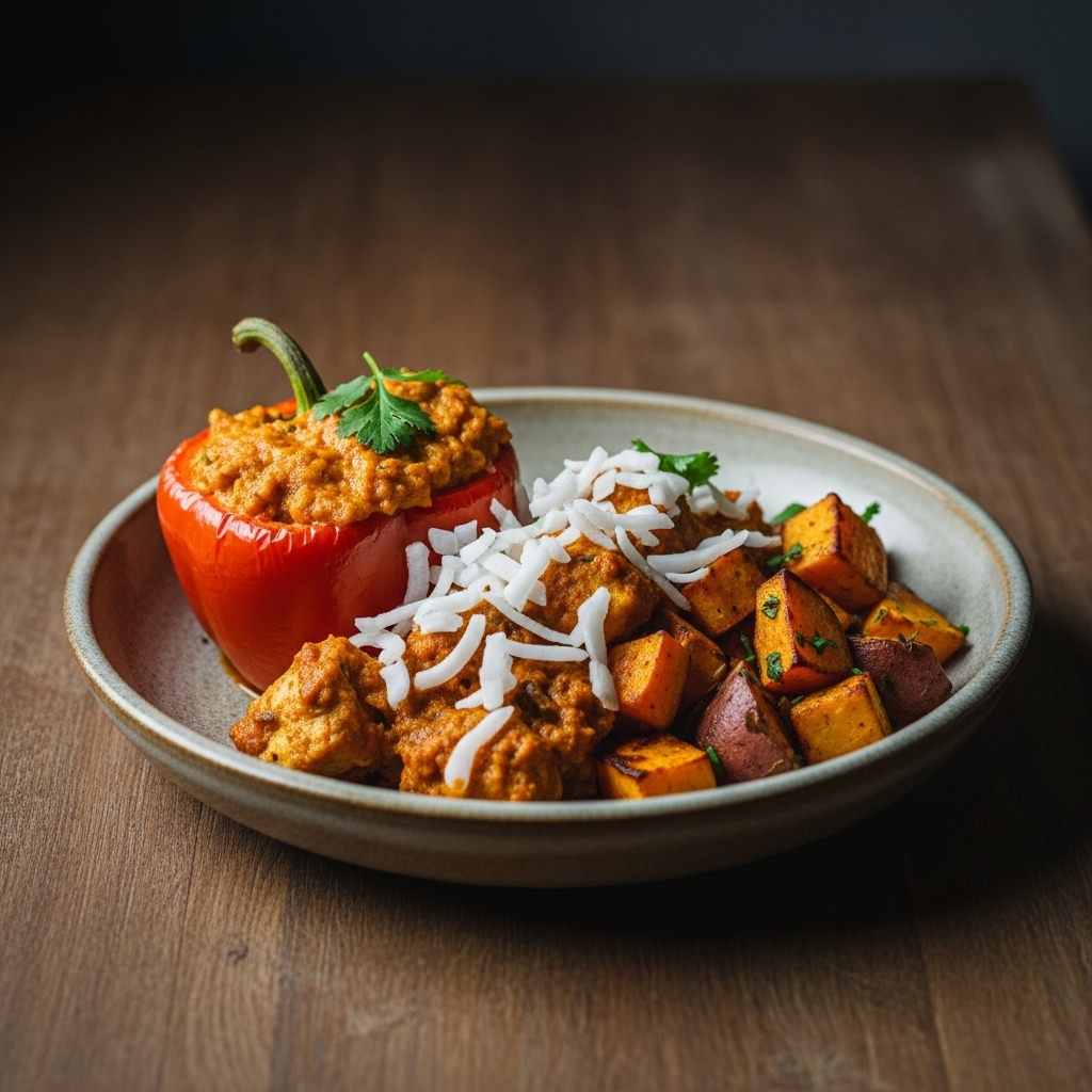 Exotic Paleo Indian Breakfast: Spicy Stuffed Bell Peppers with Coconut Chicken Curry and Turmeric Roasted Sweet Potatoes