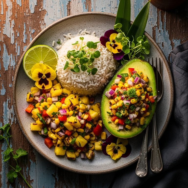 Exotic Polynesian Vegetarian Dinner Feast: Aromatic Coconut-Lime Rice, Grilled Pineapple Salsa, and Stuffed Avocado Boats