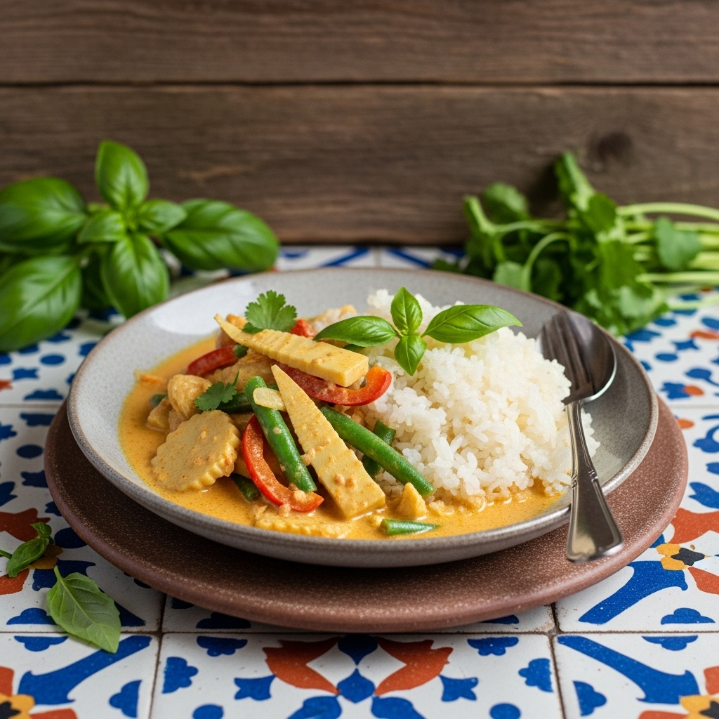 Exquisite Cambodian Vegan Curry and Sticky Rice Bowl – A Sensory Culinary Adventure!
