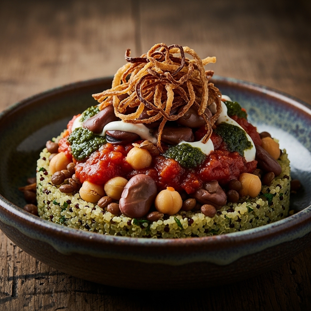 “Exquisite Egyptian Vegan Fava Bean Koshari with Mint-Infused Quinoa”
