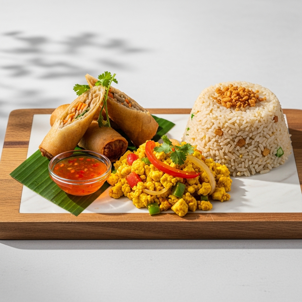 Exquisite Filipino Vegetarian Breakfast Feast: Lumpiang Gulay, Tofu Scramble & Garlic Fried Rice