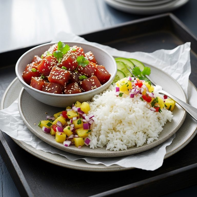 Exquisite Gluten-Free Hawaiian Lunch: Poke Bowl & Coconut Rice with Pineapple Salsa