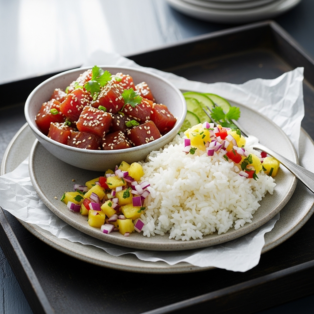 Exquisite Gluten-Free Hawaiian Lunch: Poke Bowl & Coconut Rice with Pineapple Salsa