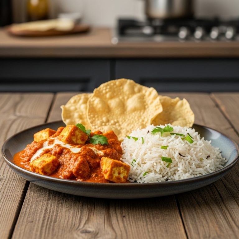 Exquisite Gluten-Free Indian Dinner Featuring Creamy Paneer Tikka Masala, Fragrant Basmati Rice Pilaf, and Crispy Papadums